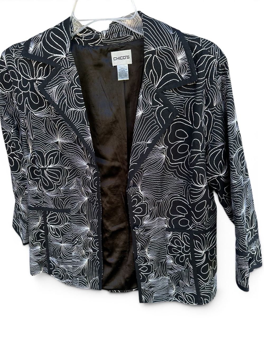 Chico's Black Jacket with White Abstract Floral Stitching